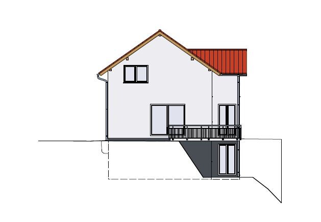 Zweistöckiges Haus mit rotem Dach, Balkon, Terrasse und Kellergeschoss am Hang.