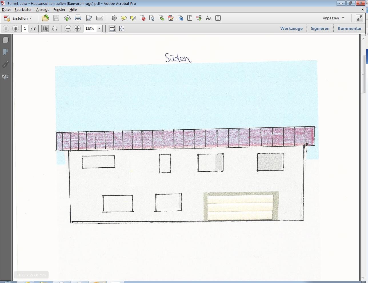 Handgezeichnete Hausfassade mit rotem Dach, Fenstern und Garage vor blauem Himmel.