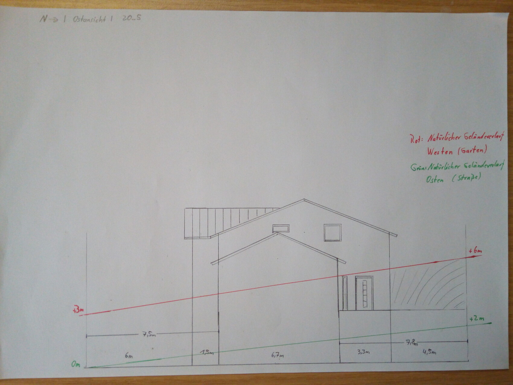 Seitenansicht eines Einfamilienhauses mit Dach, Fenstern und Terrasse.