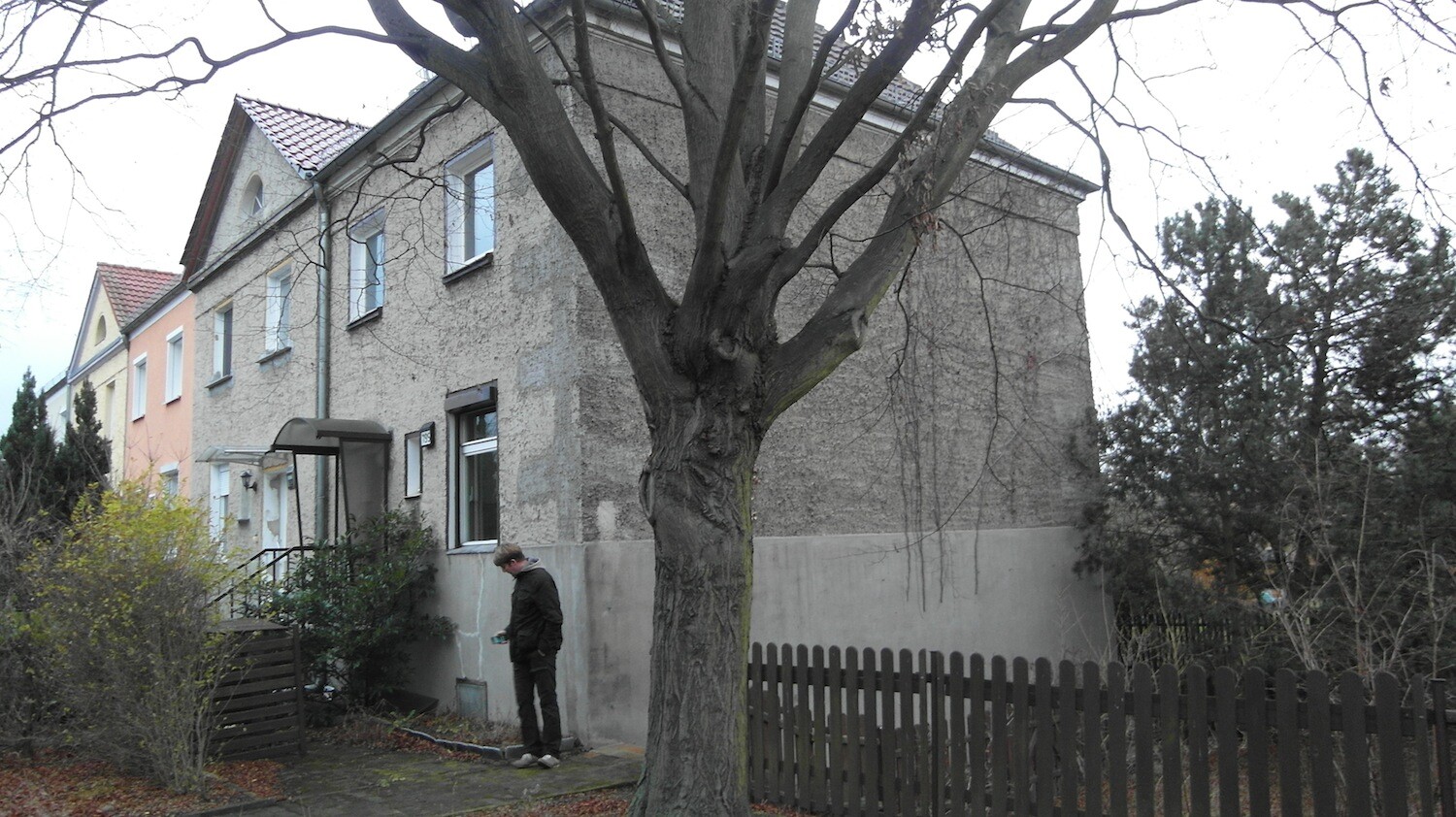 Aussenansicht einer Reihenhaussiedlung mit grossem Baum im Vordergrund und einer Person vor dem Haus.