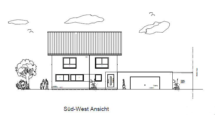 Zweigeschossige Hausansicht Süd-West mit Dach, Fenstern, Eingangstür und Garage