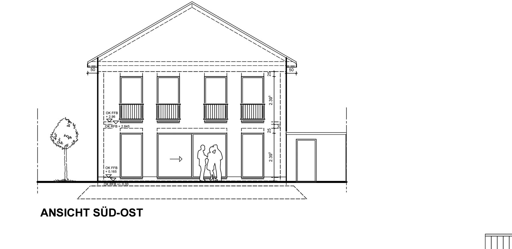 Südost-Ansicht eines zweigeschossigen Hauses mit Satteldach, Fenstern und Eingang.