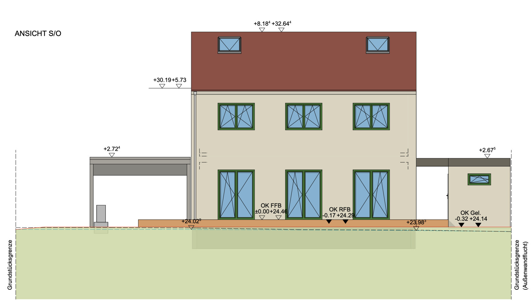 Ansicht S/O: zweistöckiges Haus mit rotem Dach, beige Fassade, grüne Fensterrahmen.