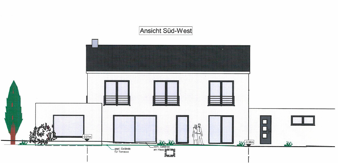 Ansicht Südwest-Fassade eines zweigeschossigen Hauses mit Terrasse und großen Fenstern.