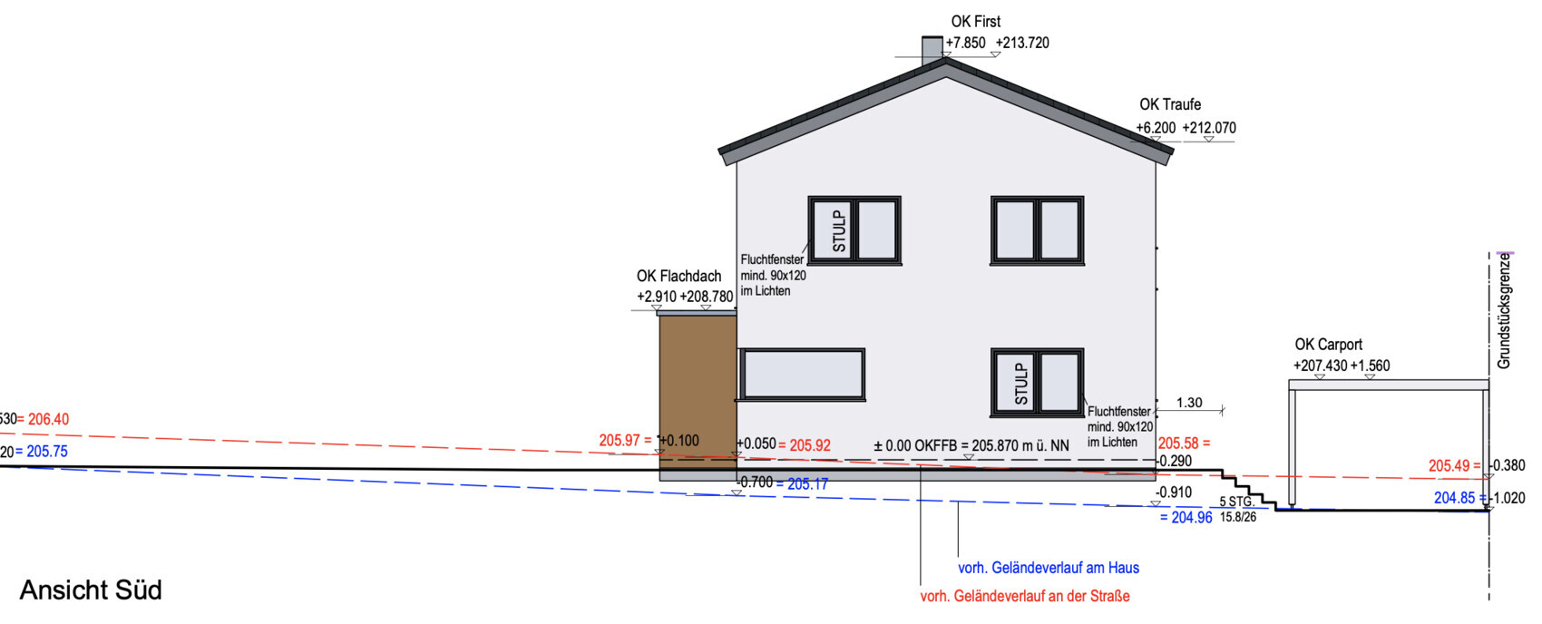 Südansicht eines zweistöckigen Hauses mit Satteldach, Fenstern, Carport rechts und Maßlinien.