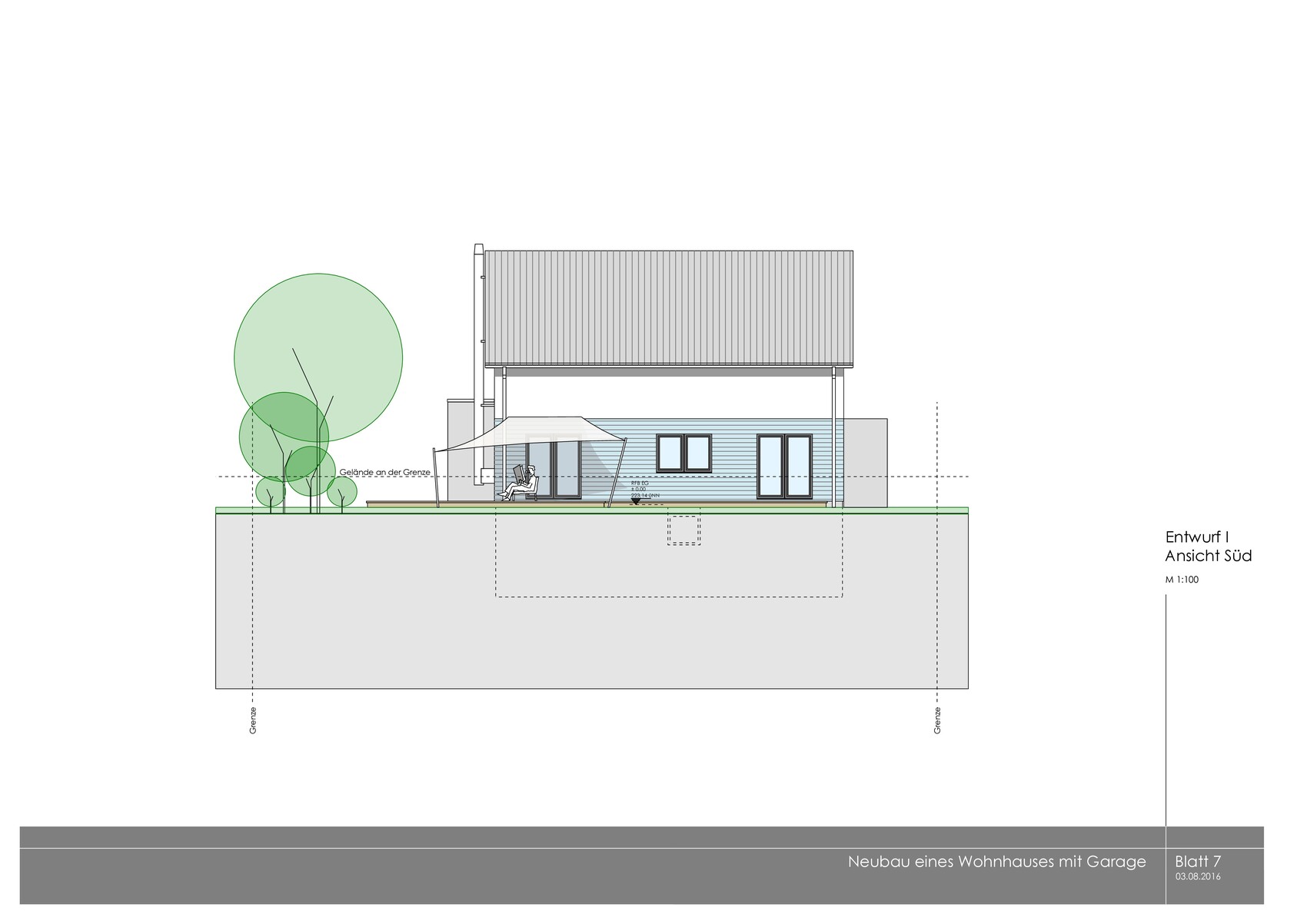 Südansicht eines Neubaus mit Garage; zweigeschossiges Haus, Terrasse mit Markise und Bäumen.