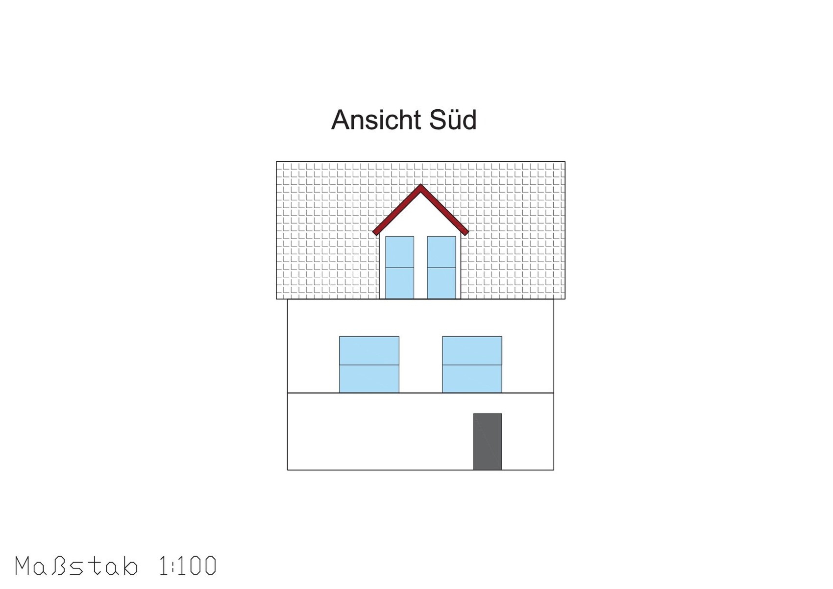 Ansicht Süd eines zweigeschossigen Hauses mit rotem Dach, blauen Fenstern und grauer Tür.