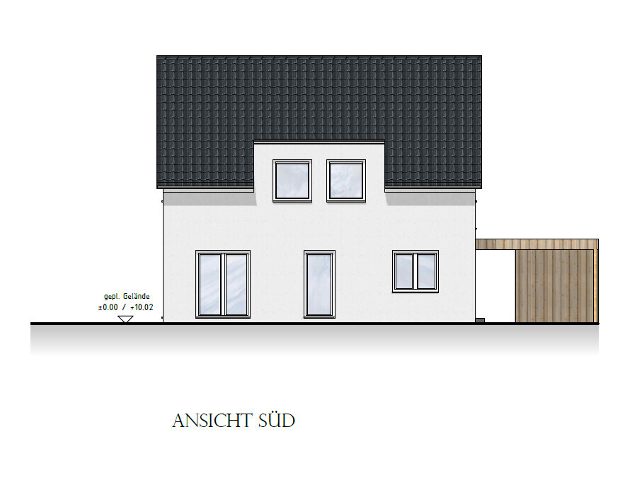 Südansicht eines zweistöckigen Hauses mit dunklem Dach, weißen Wänden, Fenstern und Holzanbau rechts.