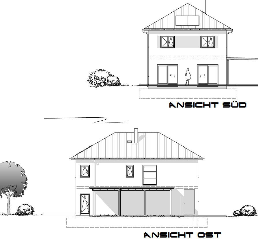 Süd- und Ostansicht eines zweigeschossigen Hauses mit Dach, Fenstern, Türen und Bäumen.