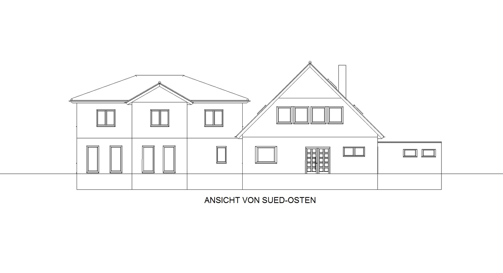 Südostansicht eines Doppelhauses mit Satteldächern, Fenstern und Türen.