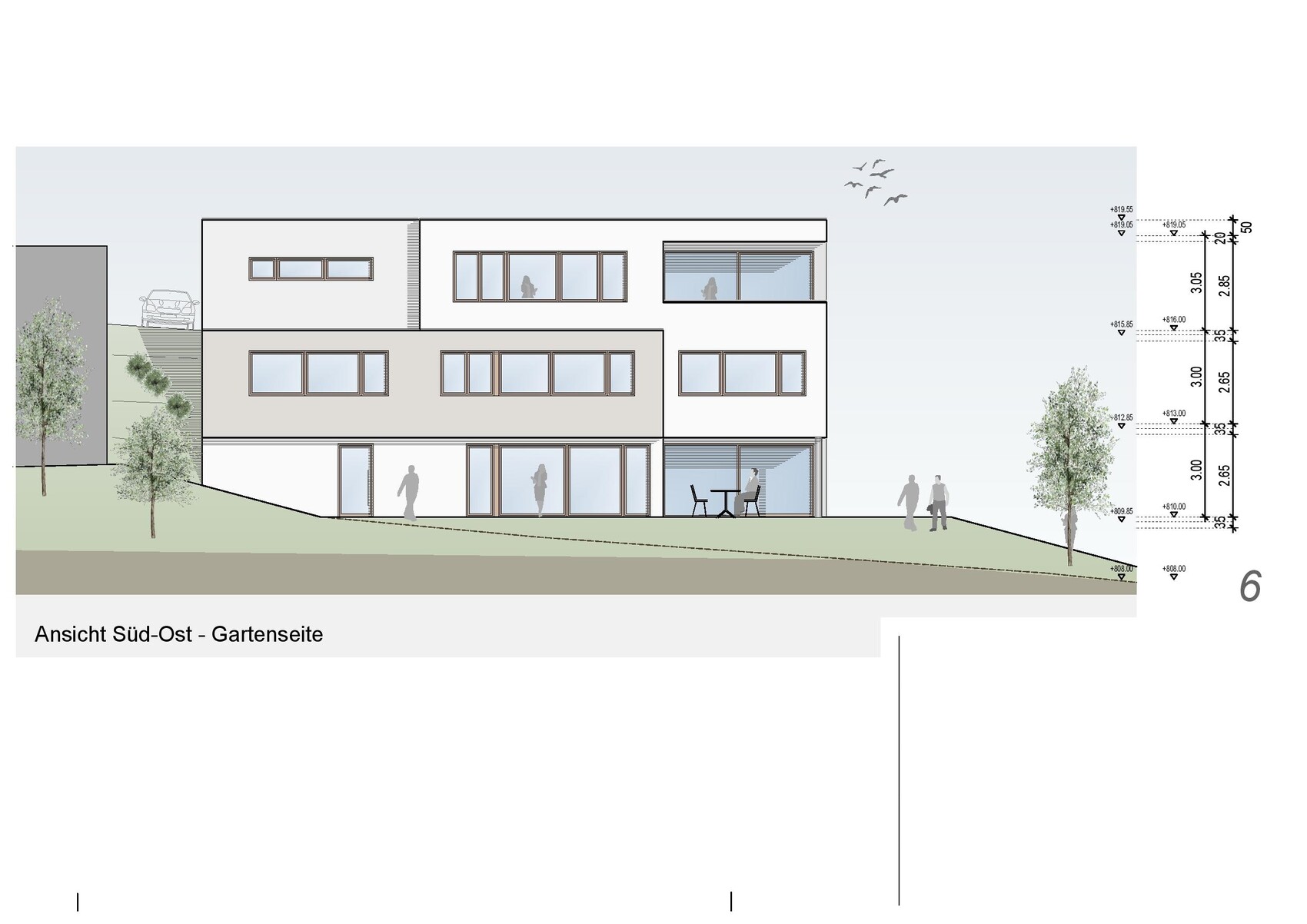 Moderne zweigeschossige Hausfassade mit großen Fenstern und Terrasse, Gartenseite