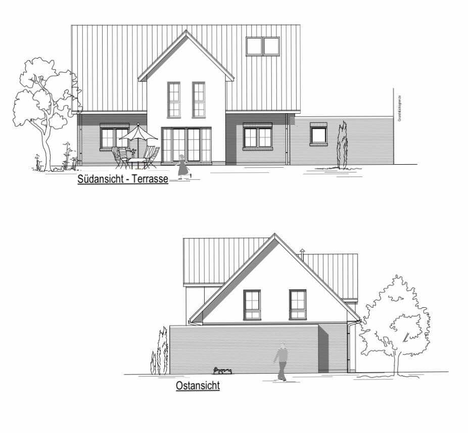 Haus-Zeichnung: Südsicht mit Terrasse, Möbeln und Person; Ostansicht mit Baum.