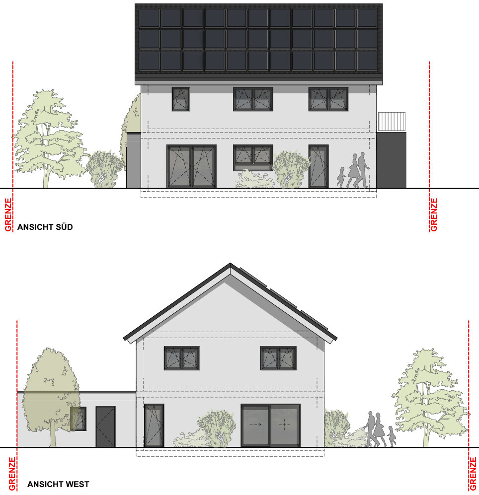 Hausansichten Süd und West: Südfassade mit Solarmodulen, Westfassade mit Eingang, Bäume.