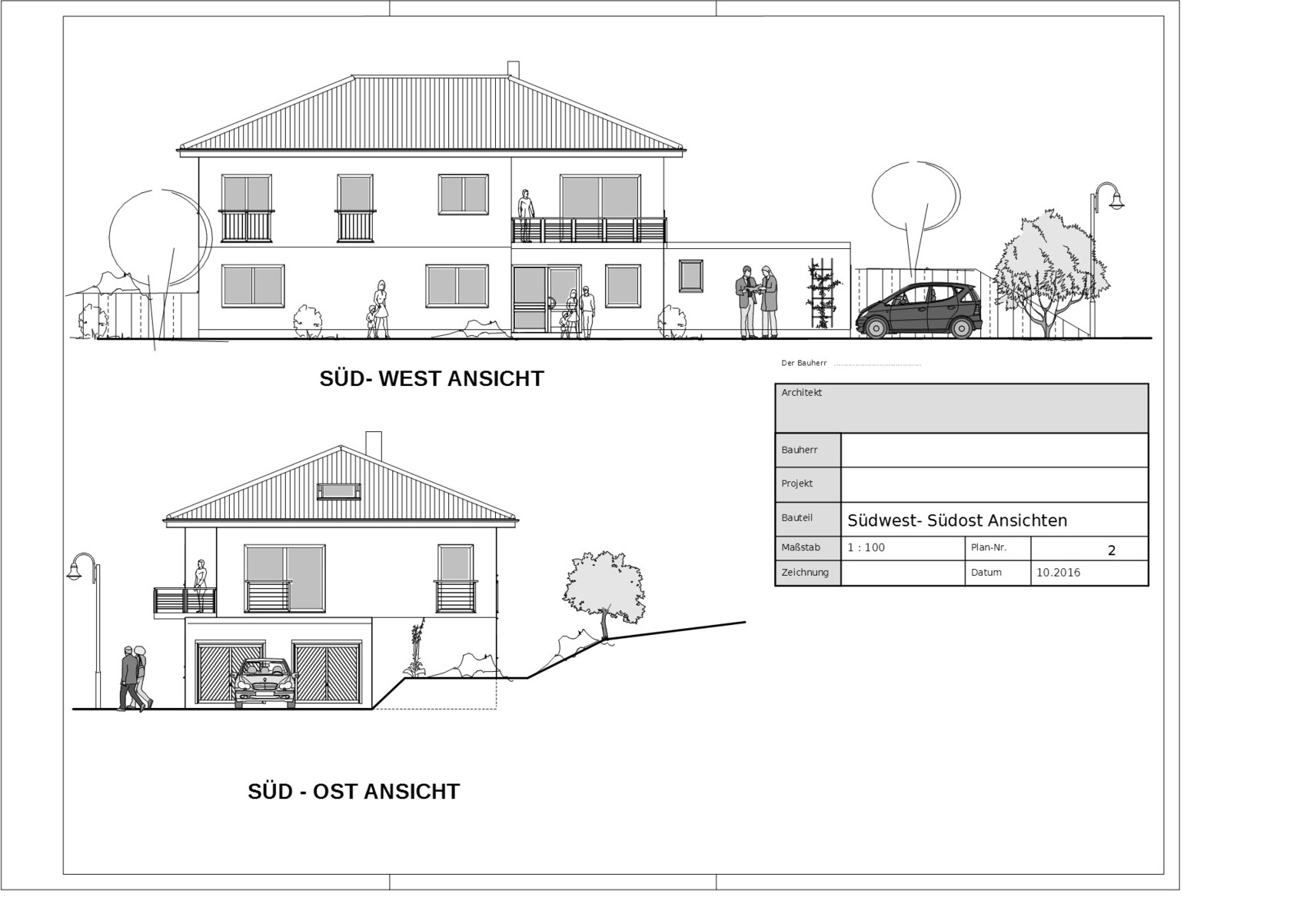 Architektenzeichnung: Zwei Ansichten eines Hauses Süd-West und Süd-Ost mit Balkon und Terrasse.