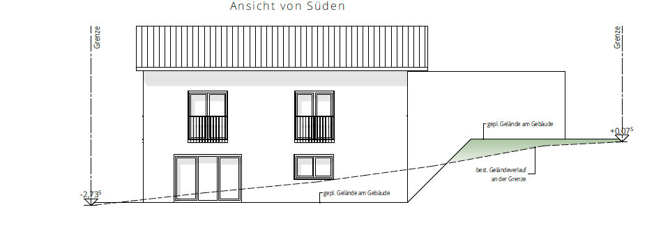 Ansicht von Süden: zweigeschossiges Haus mit zwei Balkonen, Glastüren und Fensterfront.