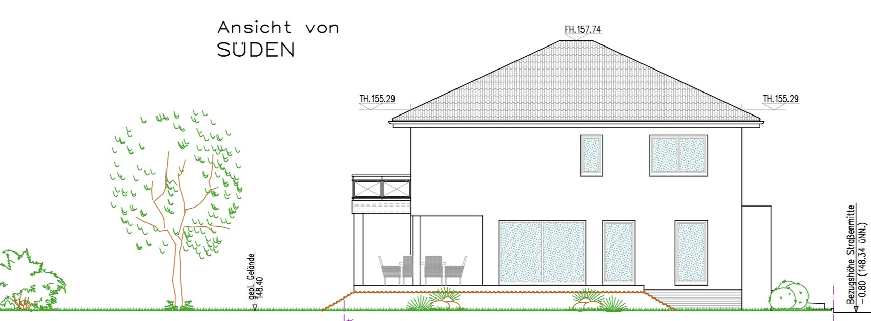 Zweistöckiges Wohnhaus von Süden mit Balkon, Terrasse und großen Fenstern; Gartenpflanzen.