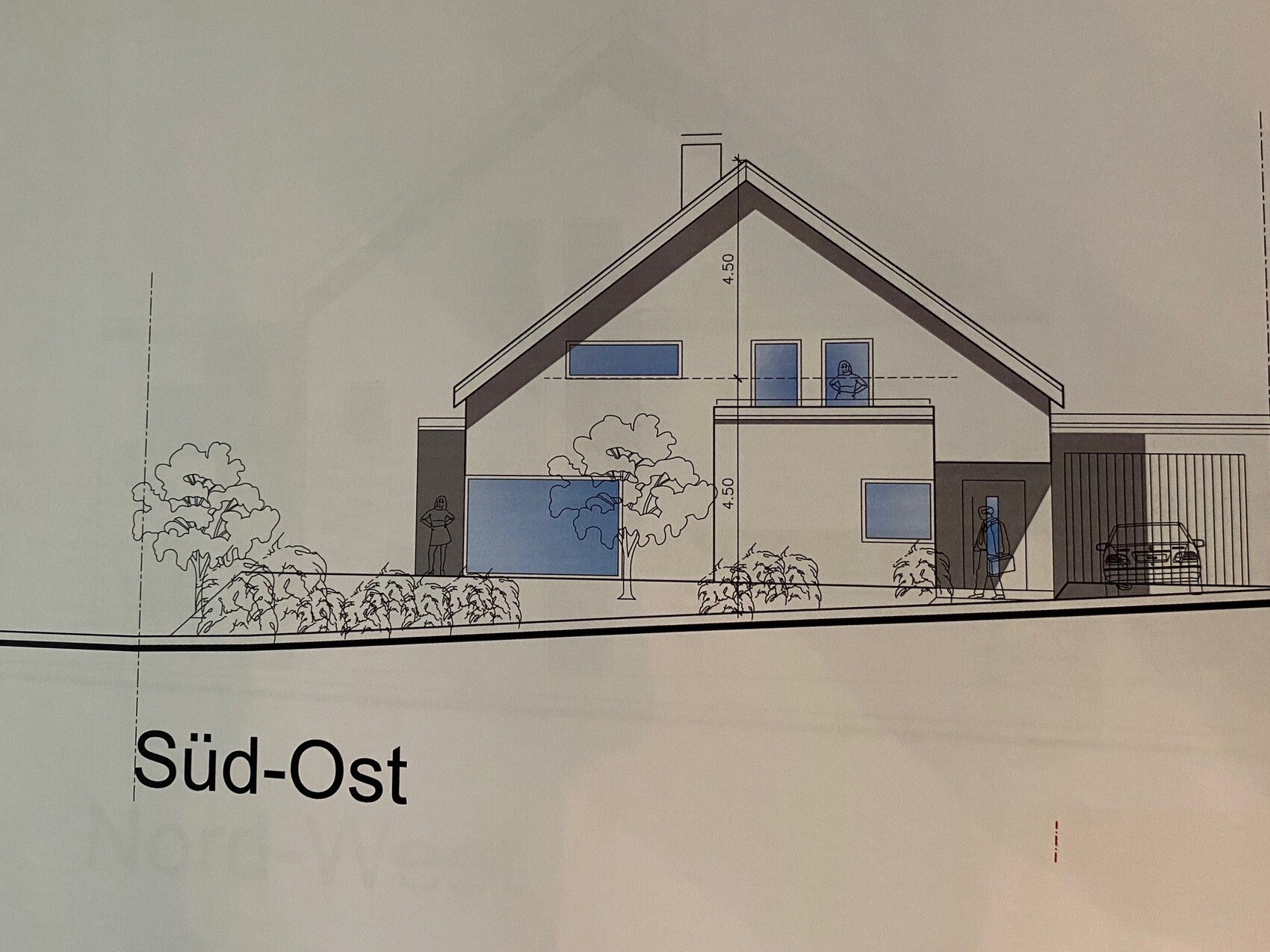 Moderne Einfamilienhaus-Entwurf mit Satteldach, rechts Garage, Gartenpflanzen und Personen.