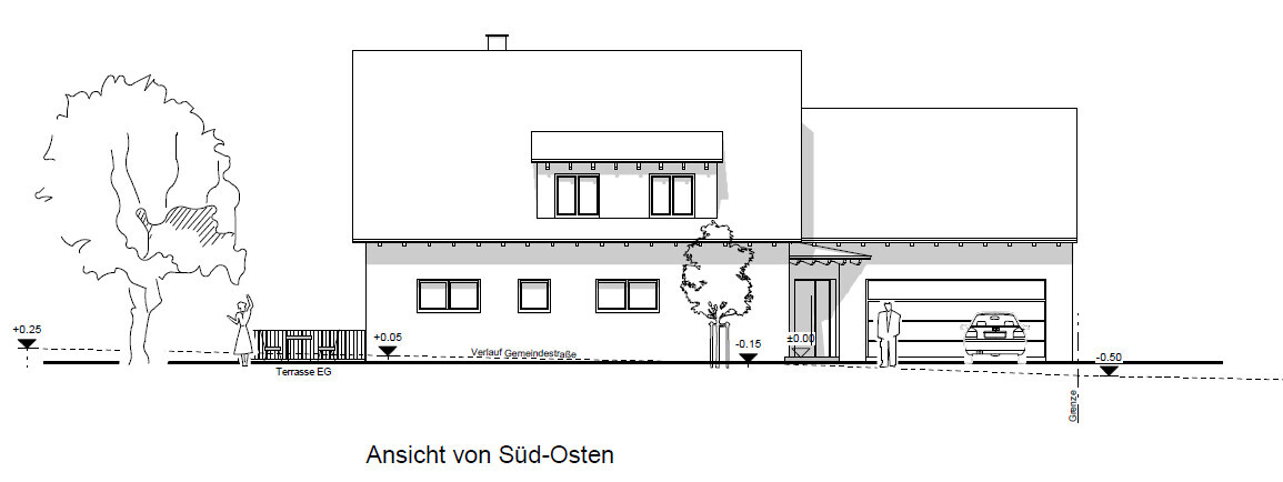 Ansicht von Süd-Osten: Modernes zweigeschossiges Haus mit Terrasse, Baum, Personen und Garage.