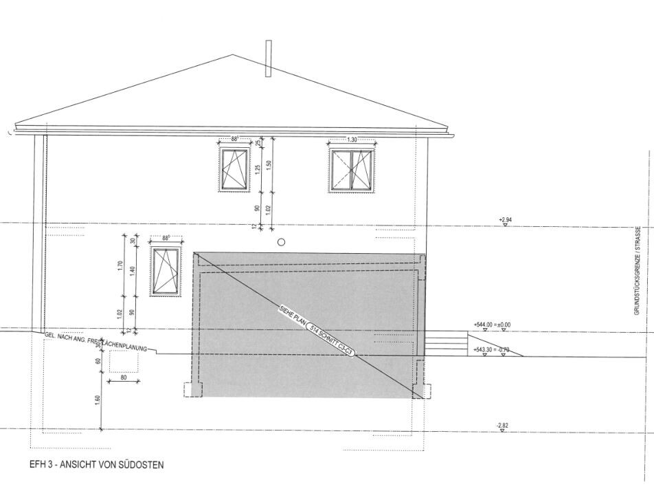 Ansicht von Südosten eines Einfamilienhauses mit Garage als Bauplanzeichnung.