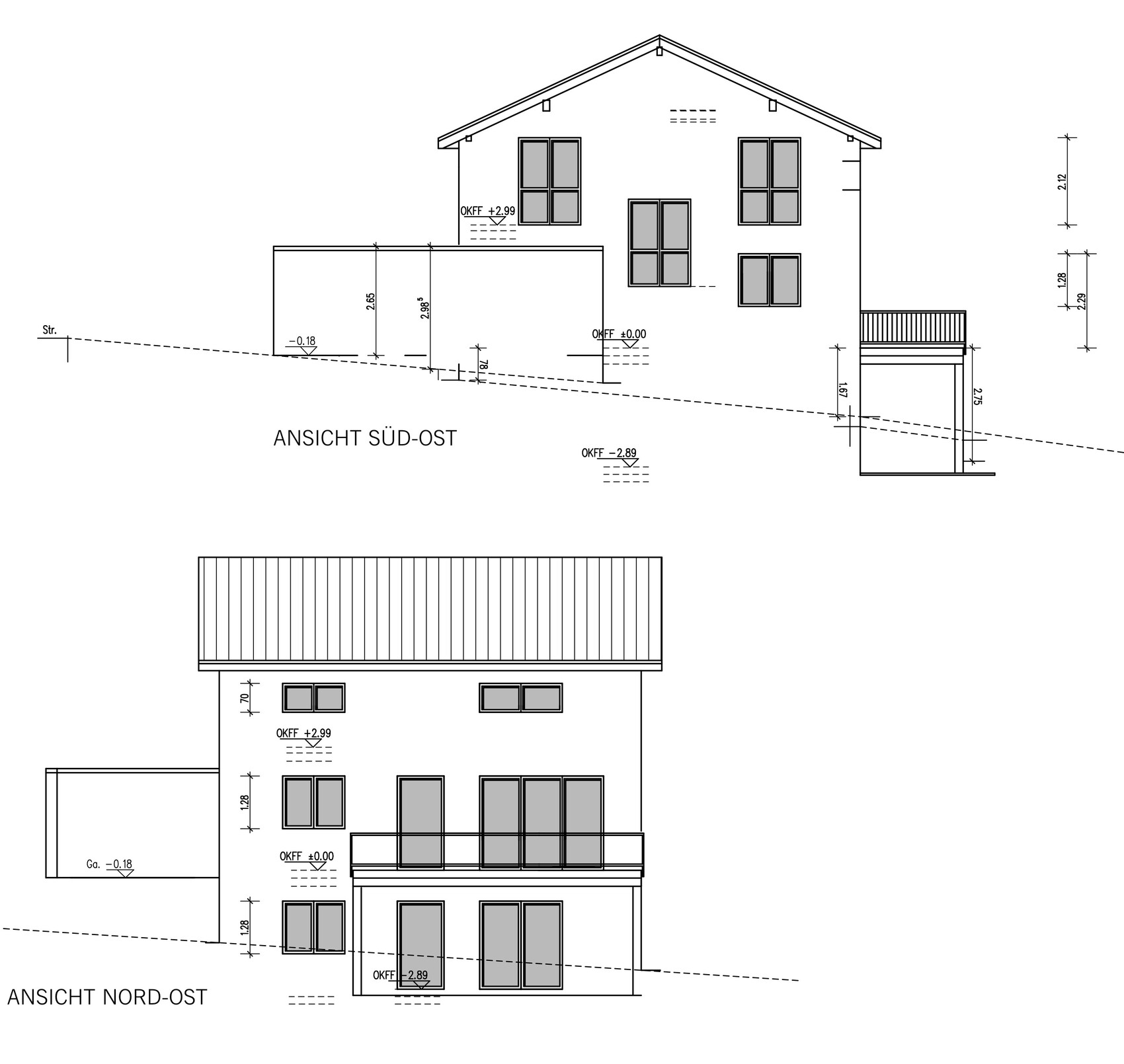 Zweistöckiges Haus: Südost- und Nordost-Ansicht mit Satteldach, Fenstern und Balkon.