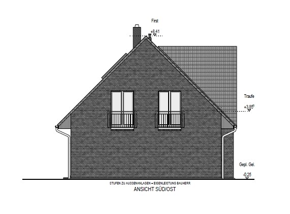 Ansicht Südost eines Ziegelhauses mit Dach, zwei Fenstern und Dachrinne, Architekturzeichnung