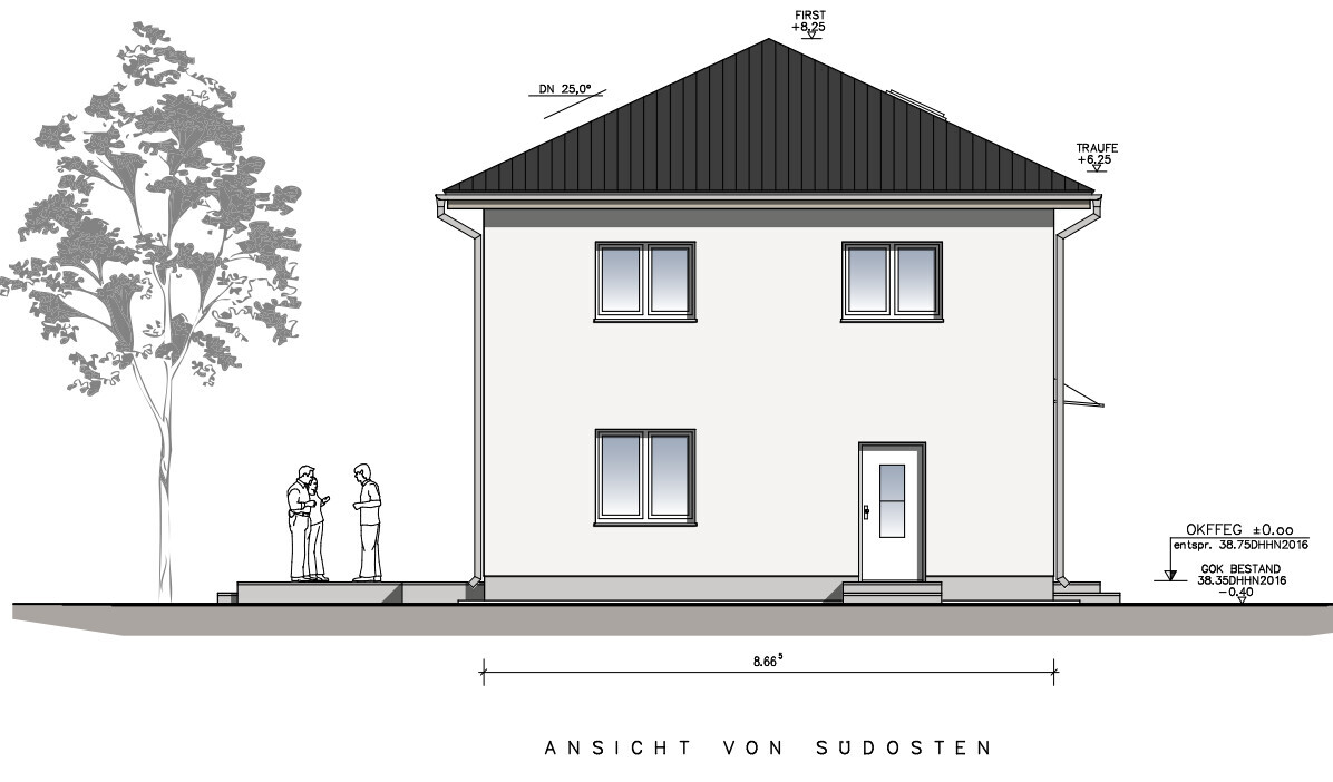 Südostansicht eines zweistöckigen Hauses mit dunklem Dach, Baum links, zwei Personen davor