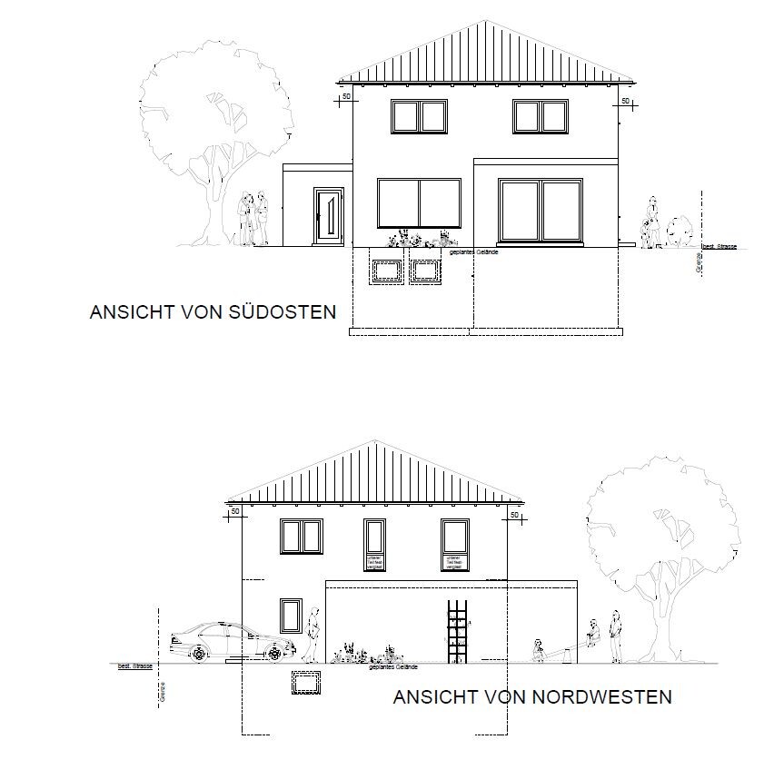 Architektenzeichnung: Sicht von Südosten und Nordwesten auf zweigeschossiges Haus mit Garten, Baum, Auto.