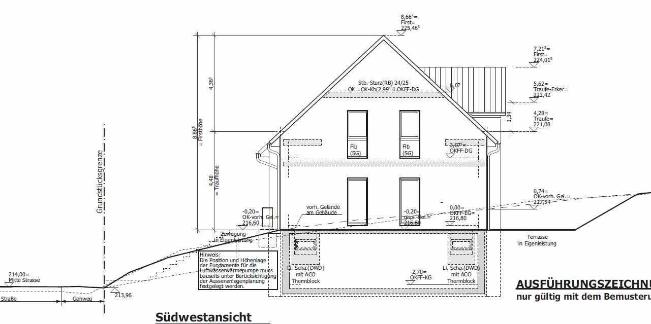 Südwestansicht eines Hauses als Ausführungszeichnung mit Fenstern und Fundament