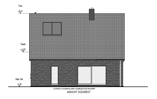 Ansicht Südwest eines Hauses mit Backsteinfassade, Dach und Türen