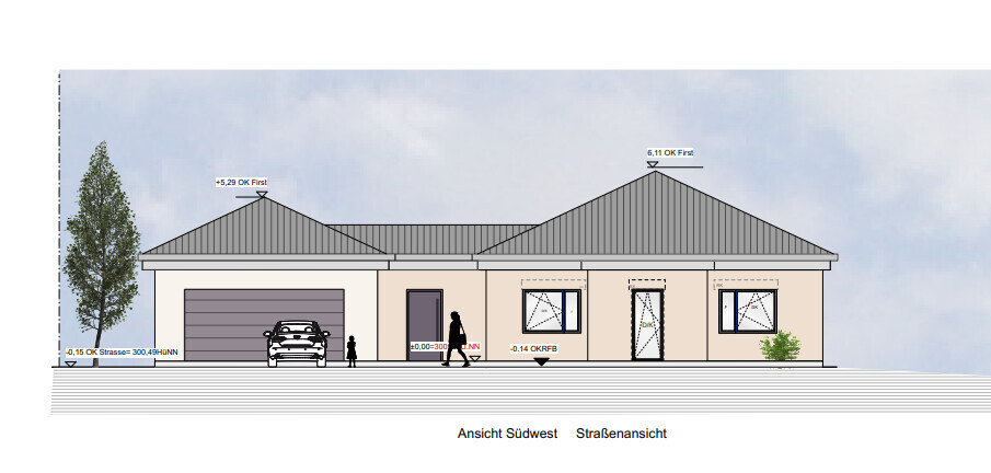 Einfamilienhaus mit Garage links, Auto davor, Fensterfront, Tür – Südwestansicht.