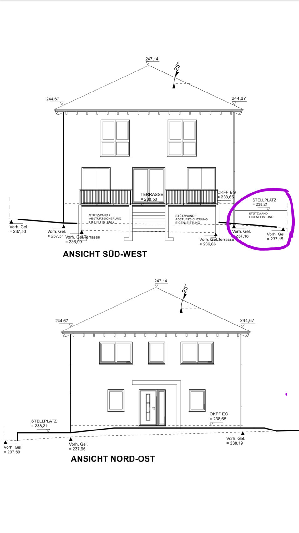 Zweigeschossiges Haus: Südwest- und Nordostansichten mit Dach, Fenstern, Balkon und Stellplatz.