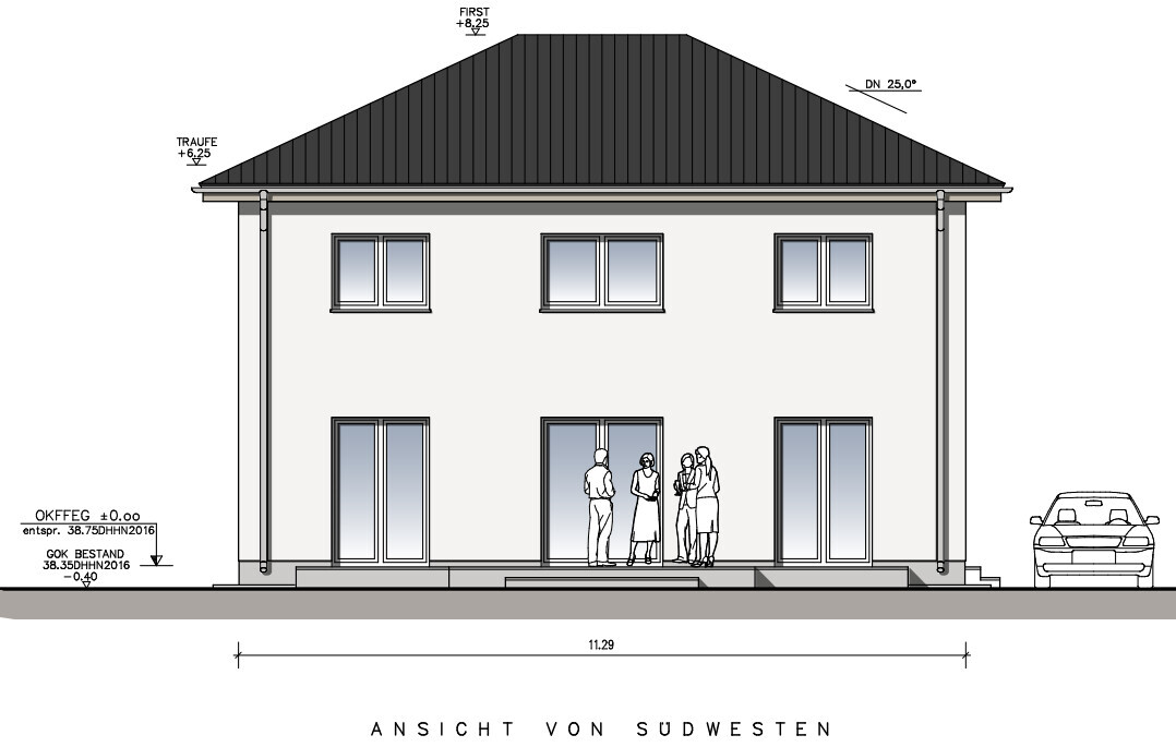 Ansicht von Südwesten: zweigeschossiges Haus mit Walmdach, Fensterfront, Gruppe Menschen am Eingang.