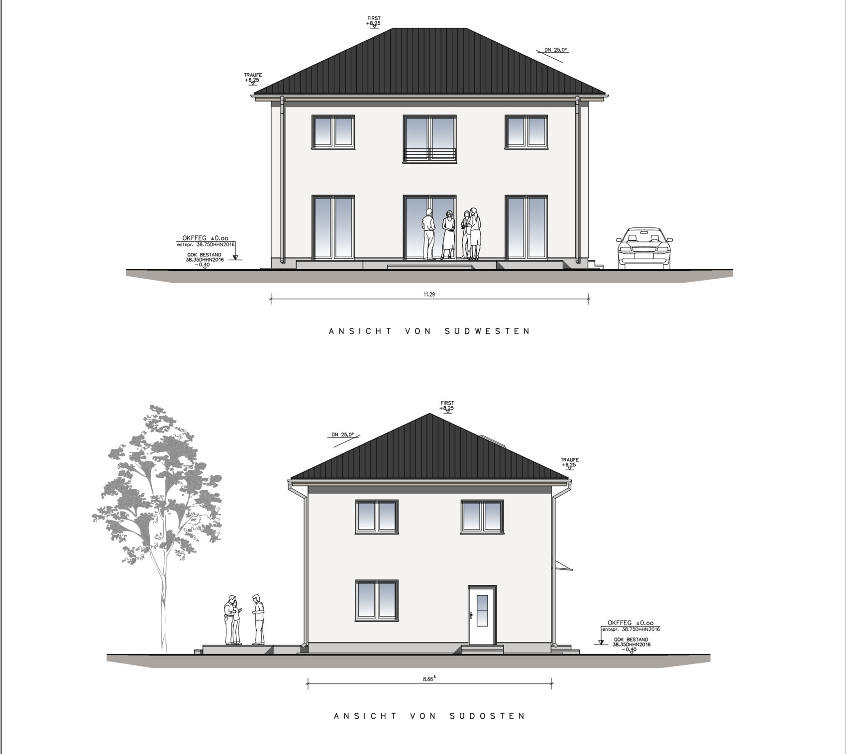 Architekturzeichnung: Zweistöckiges Haus mit dunklem Satteldach, Fenstern, Eingang, Auto und Personen