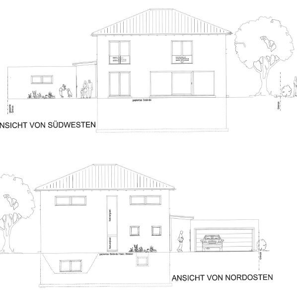 Architekturzeichnung eines zweigeschossigen Hauses mit Garage; Ansichten von Südwesten und Nordosten.