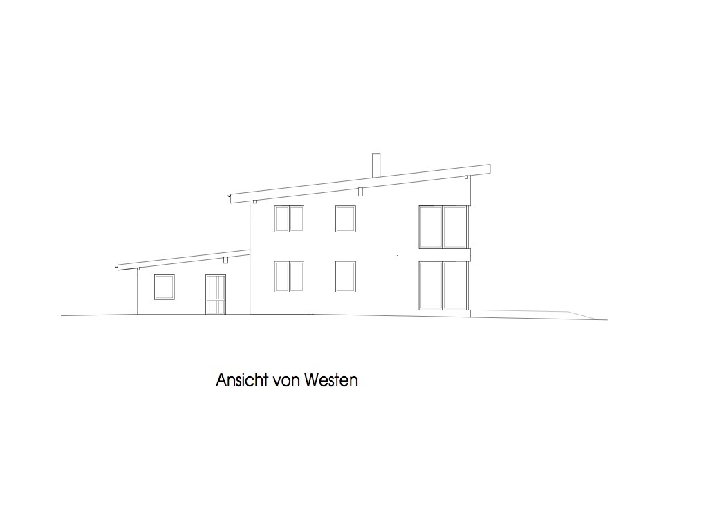 Architekturzeichnung: Westansicht eines mehrstöckigen Hauses mit geneigtem Dach und Fenstern.