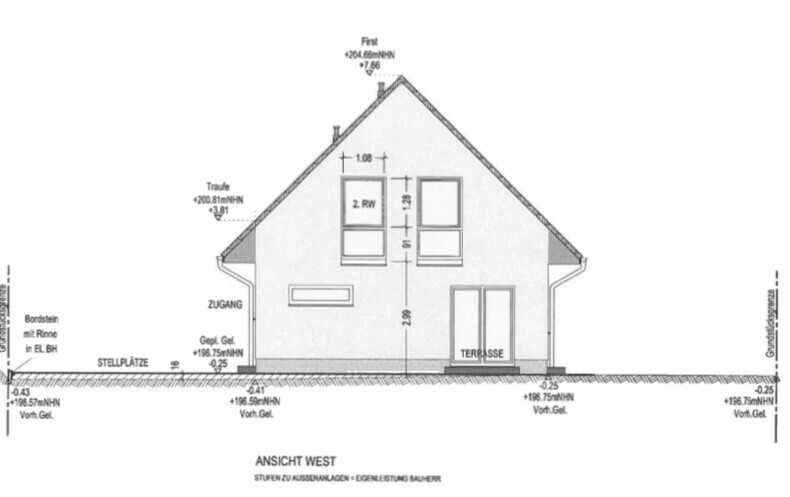 Westansicht eines Hauses mit Terrasse, Fenstern, Eingang – architektonische Zeichnung.
