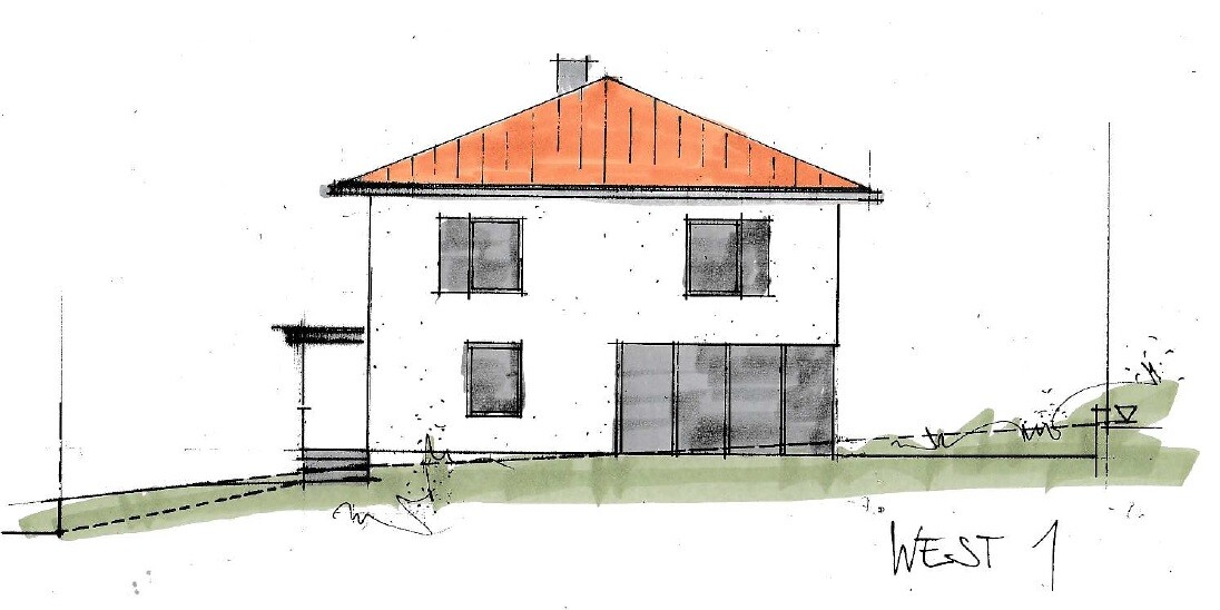 Handgezeichnete Hausansicht eines zweistöckigen Hauses mit orangefarbenem Dach, Fenstern und Garten