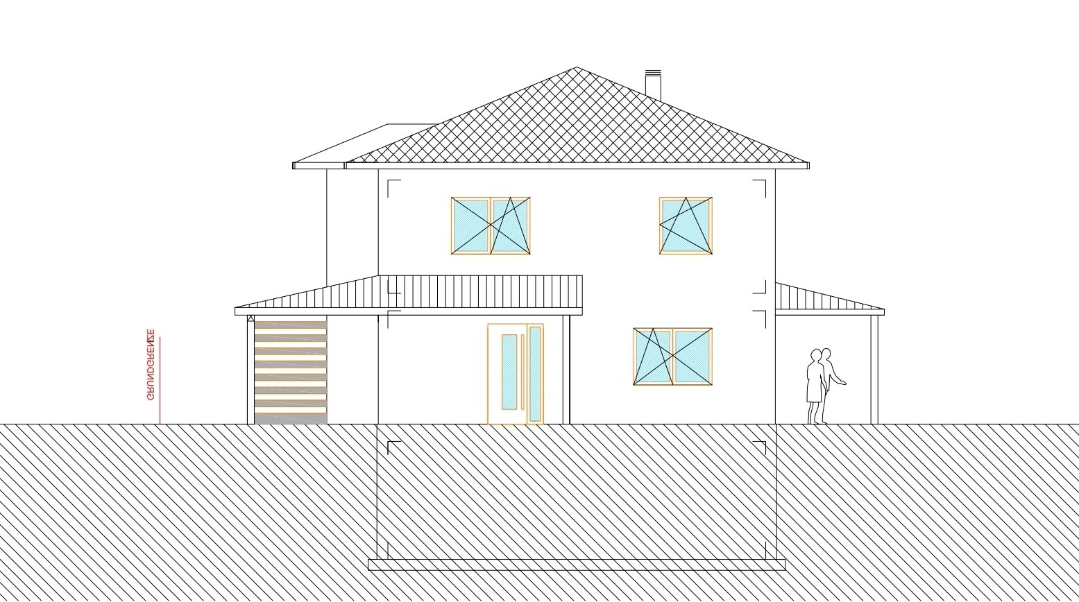 Zweistöckiges Einfamilienhaus in Frontansicht mit Dach, Fenstern, Tür, Garage; Paar am Eingang.