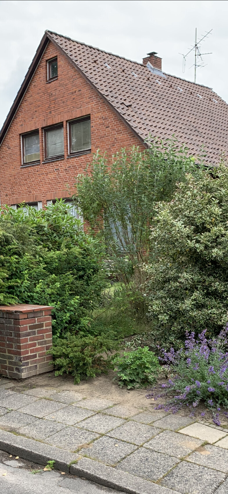 Ziegelhaus mit rotem Dach, Frontgarten und Gehweg am Eingangsbereich