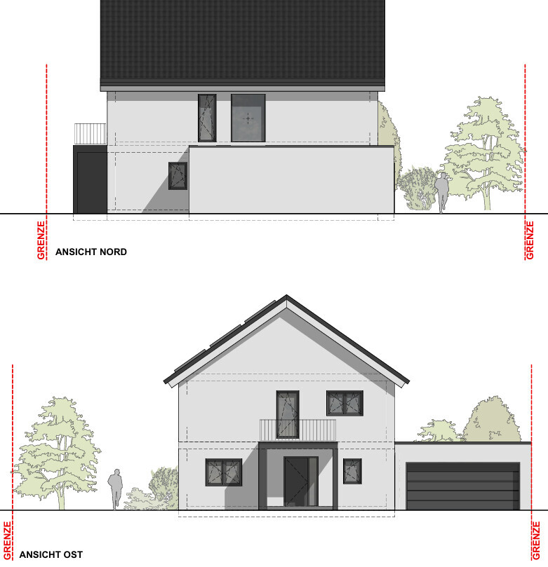 Zweigeschossiges Haus mit Satteldach; Front-, Nord- und Ostansicht, Garage rechts, Bäume.