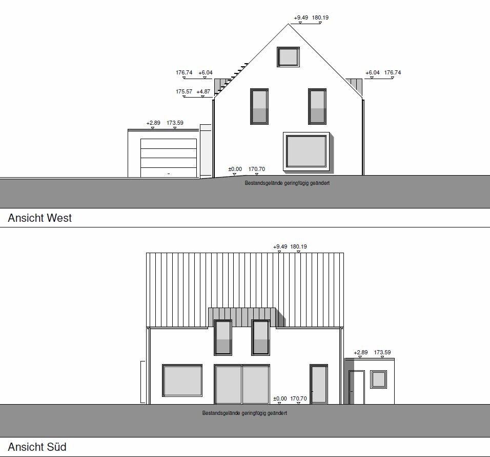 Architekturzeichnungen: West- und Südansicht eines Einfamilienhauses mit Garage.