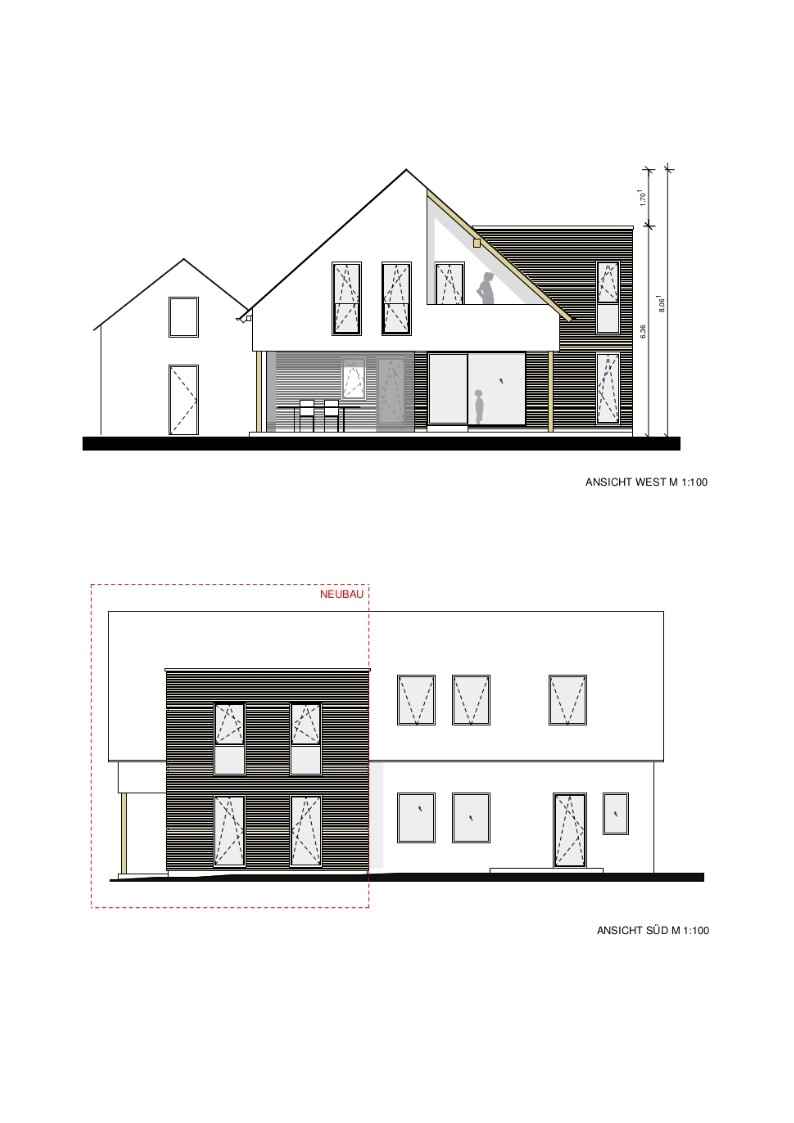 Architekturzeichnung eines modernen Hauses mit dunkler Verkleidung; West- und Südansicht, Neubau.