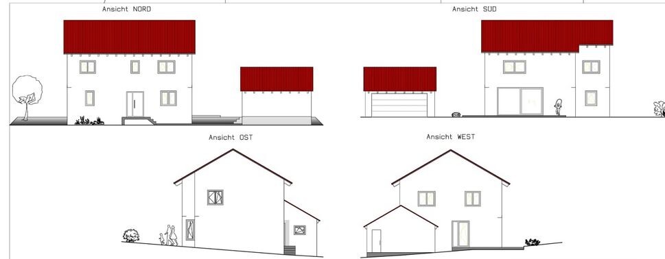Architektenzeichnung: Vier Hausansichten mit rotem Dach und Garage