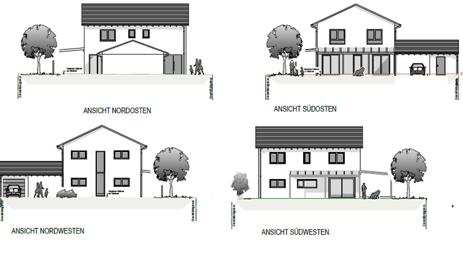 Vier Ansichten eines Hauses mit Garage, Garten und Bäumen - Nordost/Südost/Nordwest/Südwest