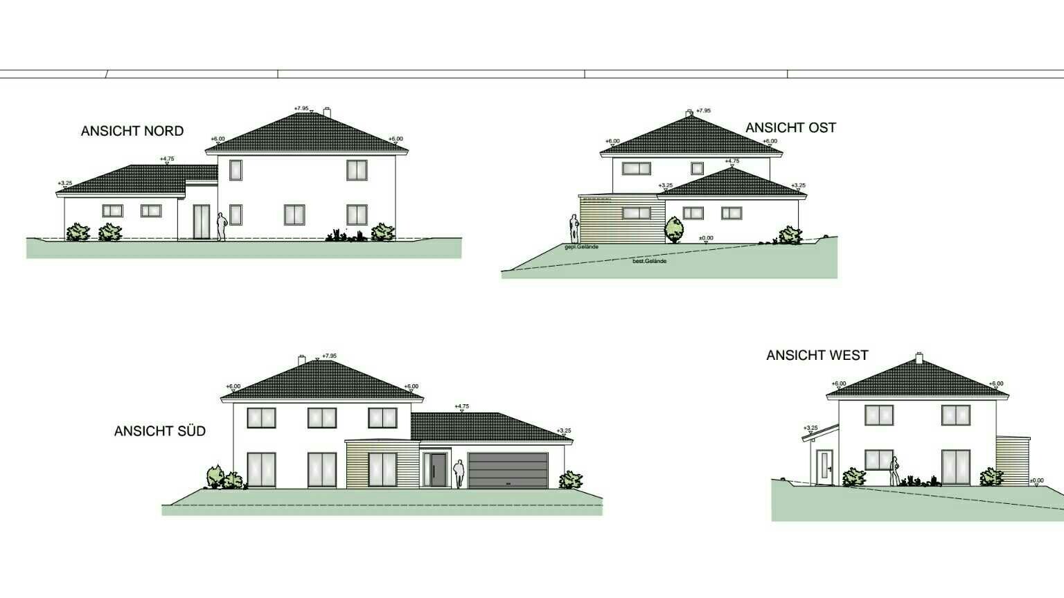 Vier Ansichten eines zweigeschossigen Hauses (Nord, Ost, Süd, West) mit Garage.