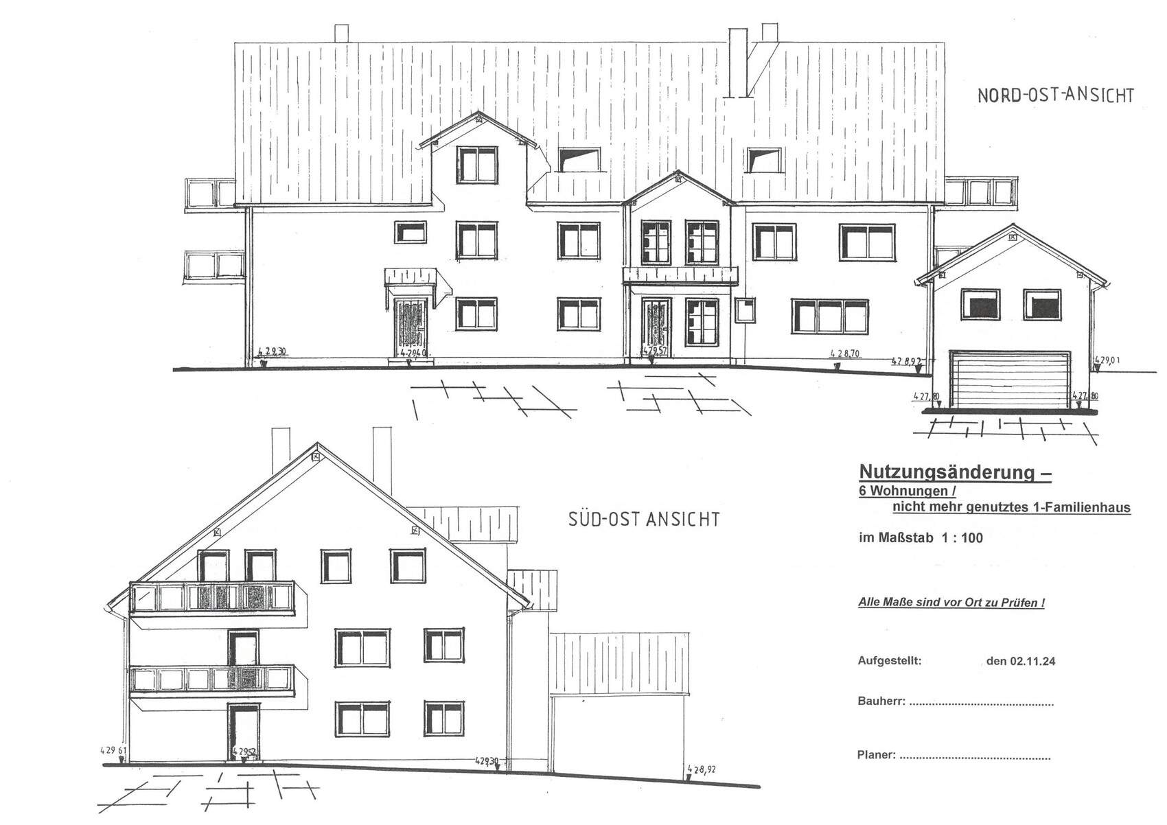 Architektenzeichnung: Nutzungsänderung zu 6 Wohnungen; Nordost- und Südostansichten.