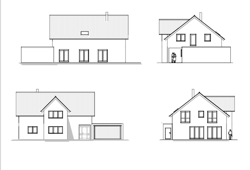 Vier Ansichten eines Hauses mit Satteldach, Front- und Seitenansichten samt Garage.