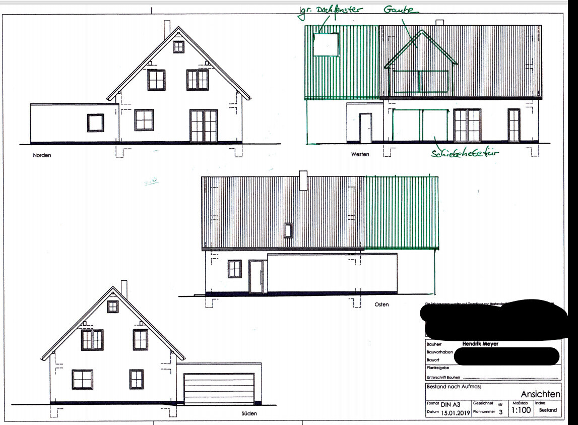 Architekturplan: Haus mit Satteldach, Anbau und Garage; Nord-, Ost-, West- und Südansicht.