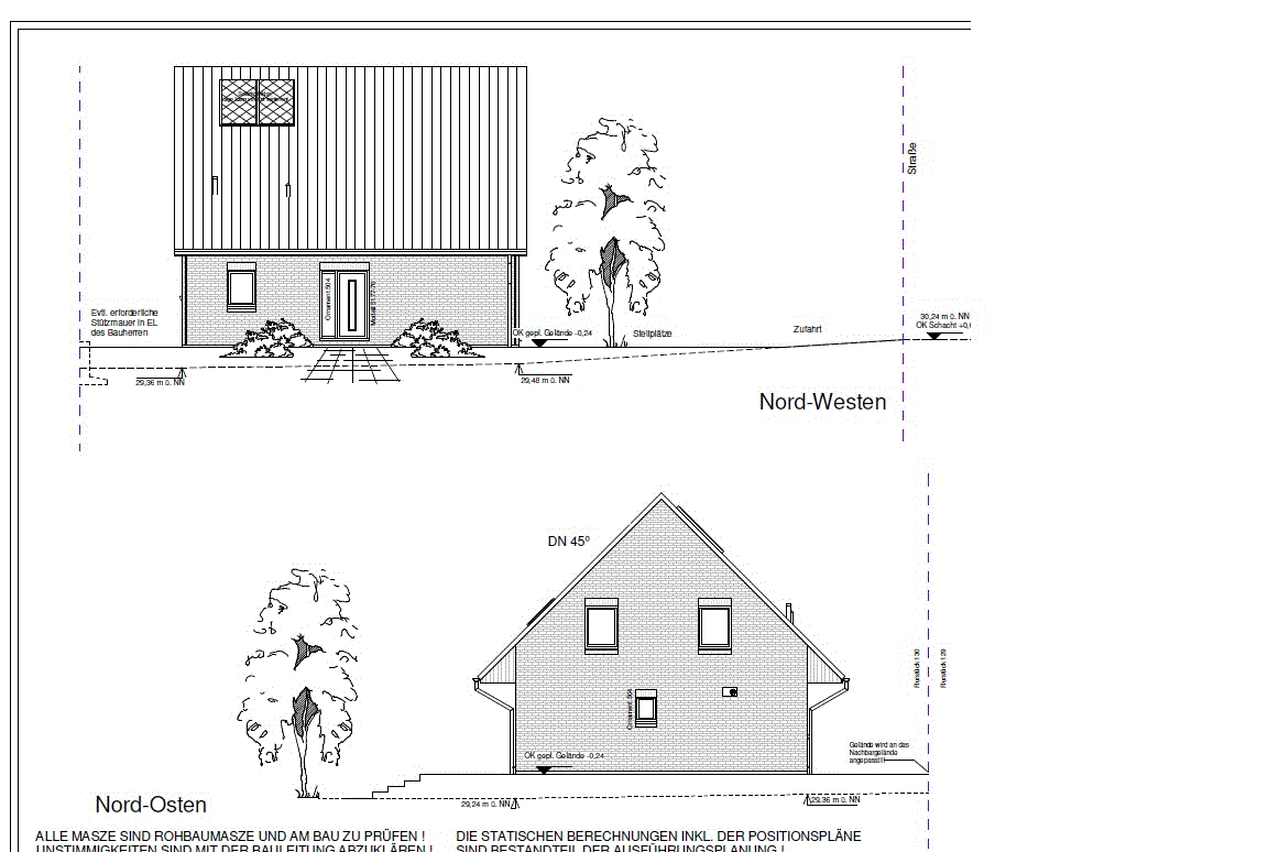 Ansicht eines Hauses: Nord-West- und Nord-Ost-Elevationen mit Dach, Fenstern, Tür und Bäumen