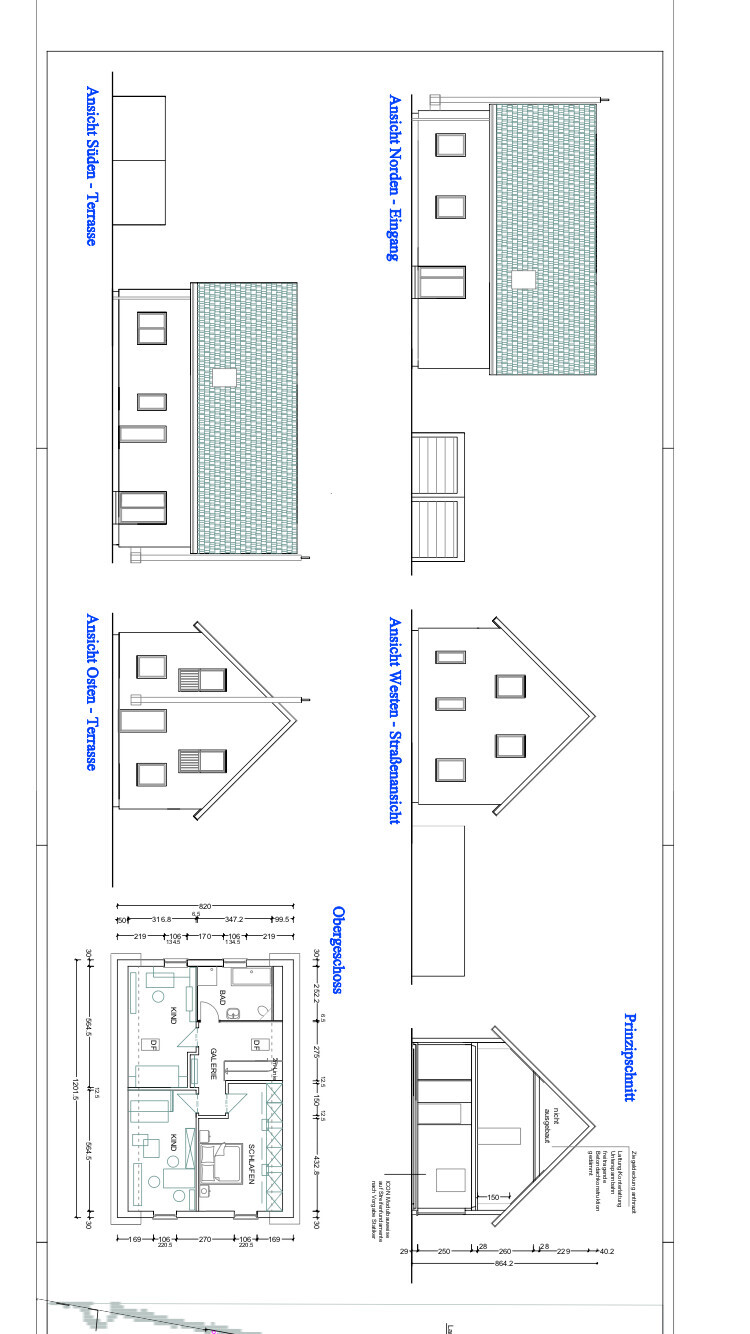 Architekturplan mit Fassadenansichten und Grundriss eines Hauses